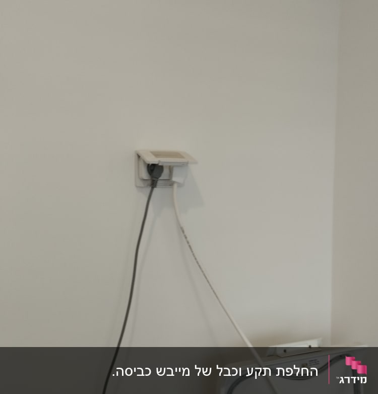 שני כבלים מחוברים לשקע בקיר לבן